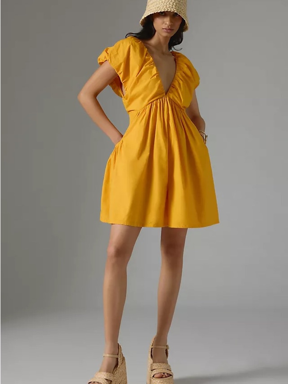 Anthropologie Mustard Yellow Deep V Mini Dress